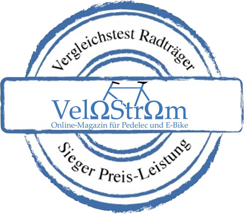 Emblém 'VeloStrom', který označuje vítěze v poměru cena/výkon testu srovnání nosičů jízdních kol, obsahuje logo jízdního kola.