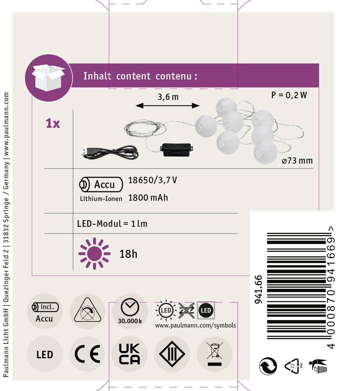 LED světelný řetěz o délce 3,6 m napájený akumulátorem. Součástí je akumulátor 18650 (3,7V, 1800 mAh). Doba svícení 18 hodin.