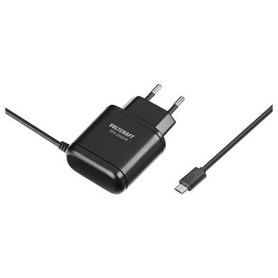 Černý napájecí adaptér Voltcraft s evropskou zástrčkou a kabelem s micro USB konektorem, vhodný pro nabíjení zařízení.