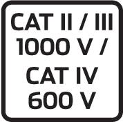 'CAT II / III 1000 V / CAT IV 600 V' v bílé barvě na černém pozadí.