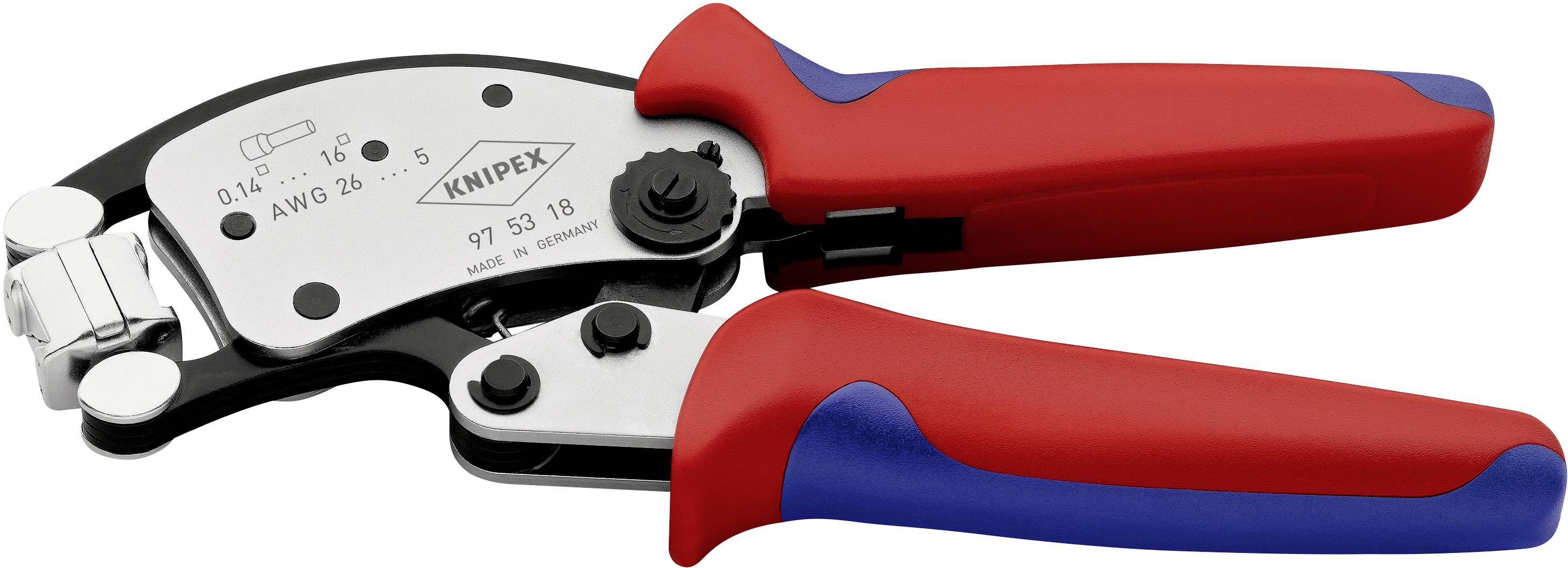 Červené a modré krimpovací kleště s černou rukojetí. Modelové číslo '97 53 18' od firmy Knipex. Vhodné pro lisování kabelových spojů.