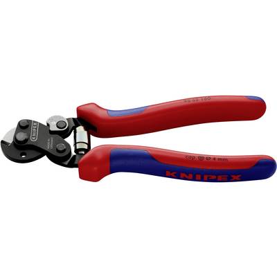 Červené a modré kabelové nůžky Knipex s kovovým řezacím mechanismem, vhodné pro stříhání kabelů o průměru až 4 mm.