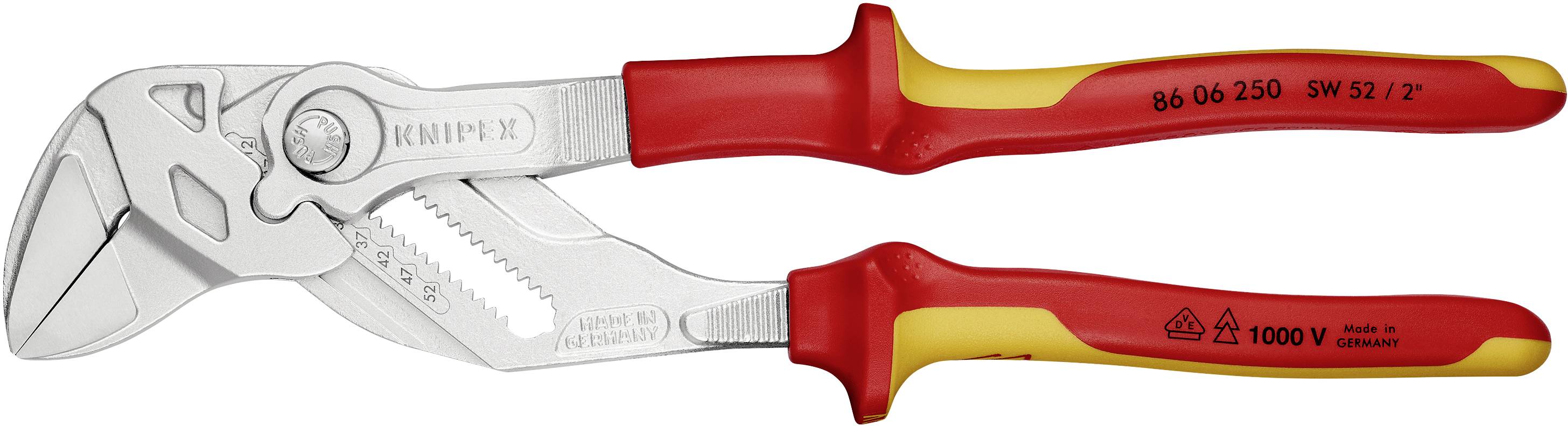 Izolované svařovací kleště s červeno-žlutou rukojetí; vhodné pro práce až do 1000 V, vyrobené v Německu společností Knipex.