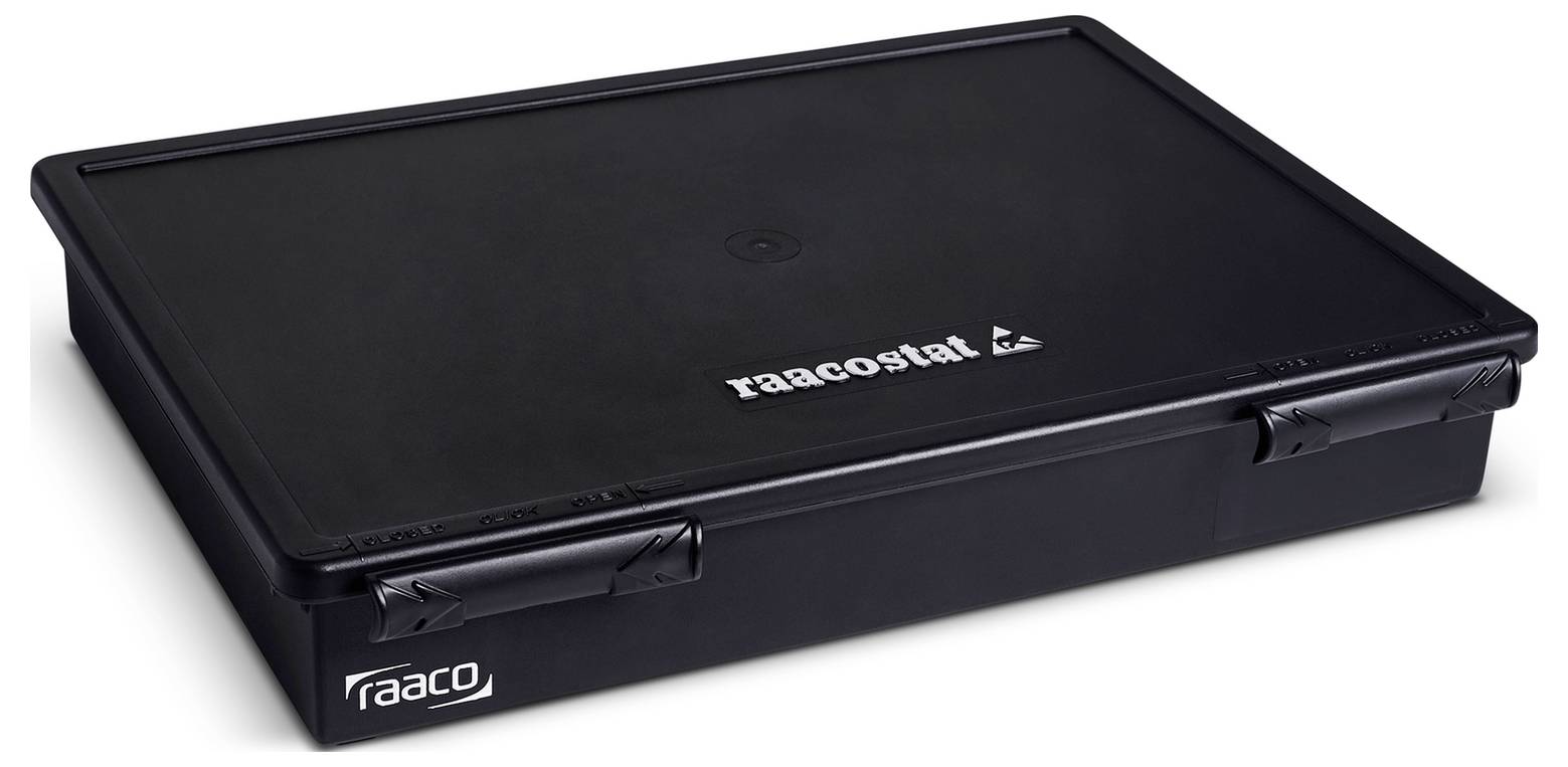 Černý úložný box Raaco s bezpečným víkem, označený štítkem "raacostat" nahoře a "raaco" na boku, určený k organizaci a ochraně předmětů.