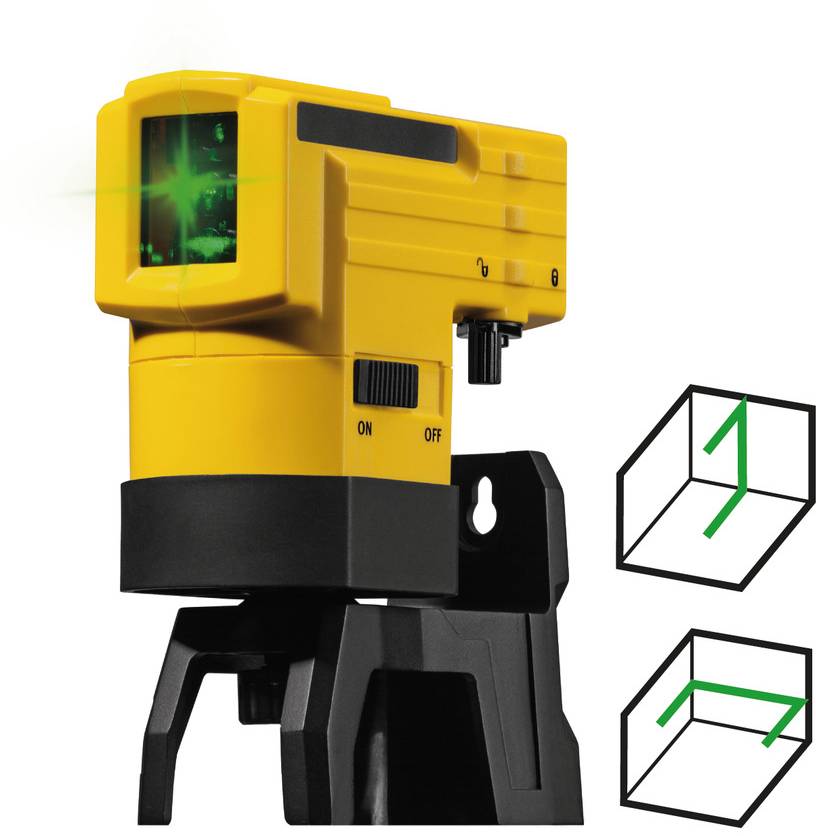Žluté laserové měřicí zařízení se zeleným laserovým paprskem, umístěné na černém stativu. Vpravo dva obrázky použití.