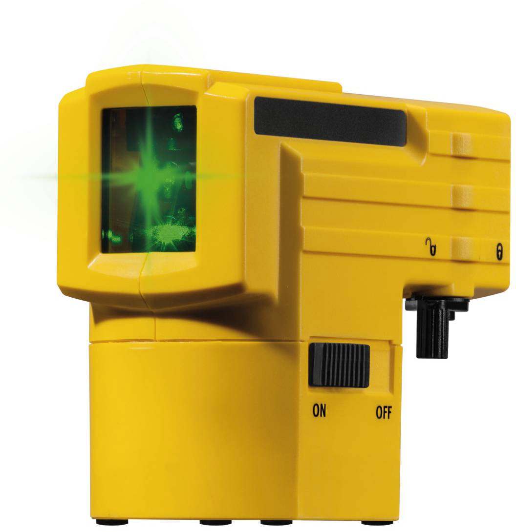 Žluté elektronické zařízení s černým přepínačem a zelenou laserovkou promítanou na levé straně.