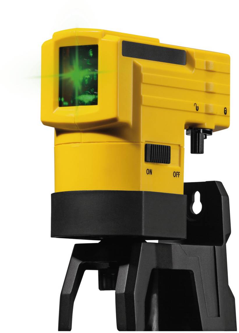 Žluté elektronické zařízení se zeleným laserovým paprskem, upevněné na černém stojanu, pohled z boku.