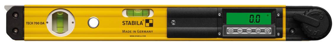 Digitální vodováha od Stabily ukazuje náklon 0,0. Má dvě libely a digitální displej pro přesné měření.