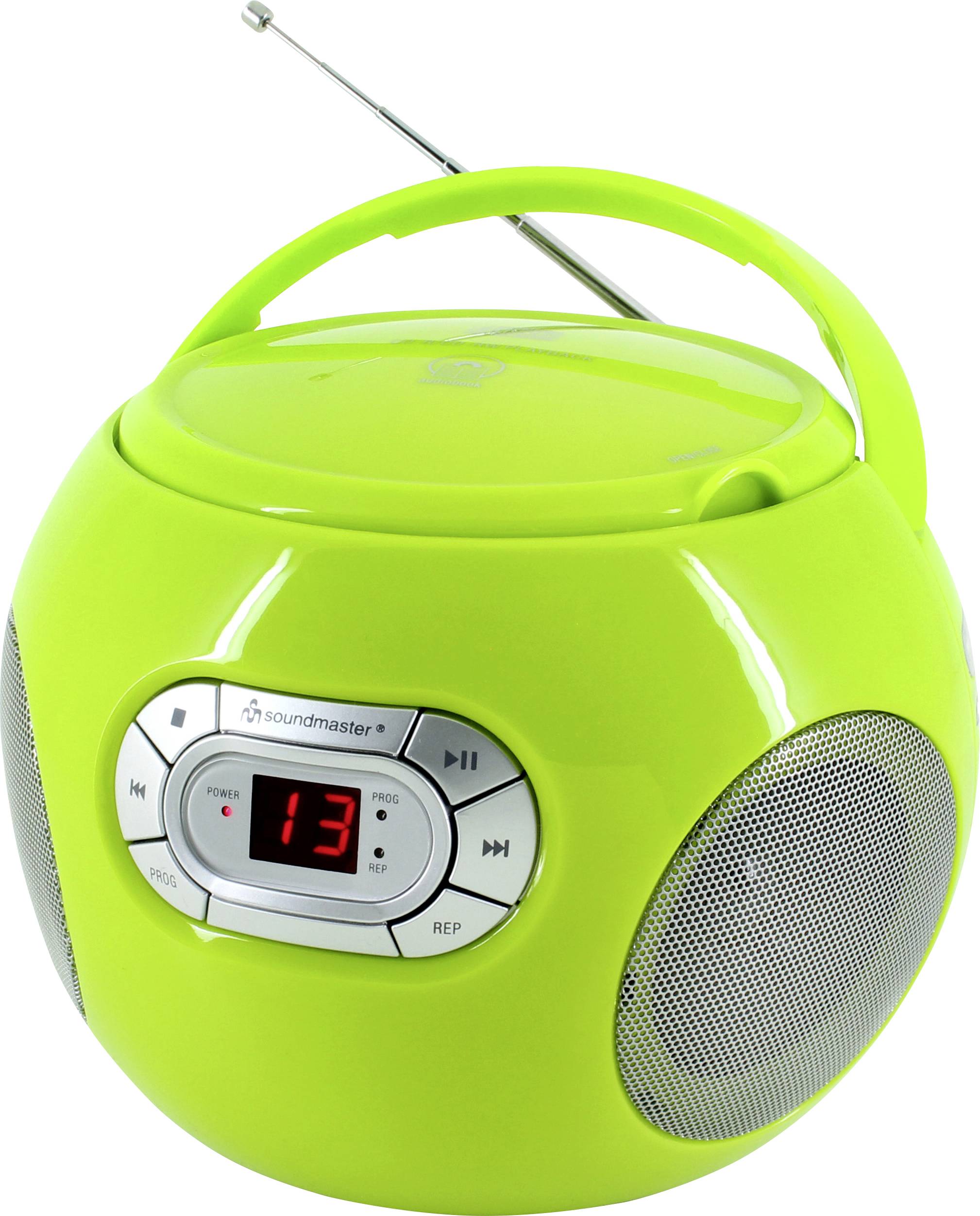 Jasavě zelený přenosný boombox s rukojetí, anténou, reproduktorovými mřížkami a digitálním displejem zobrazujícím 13.