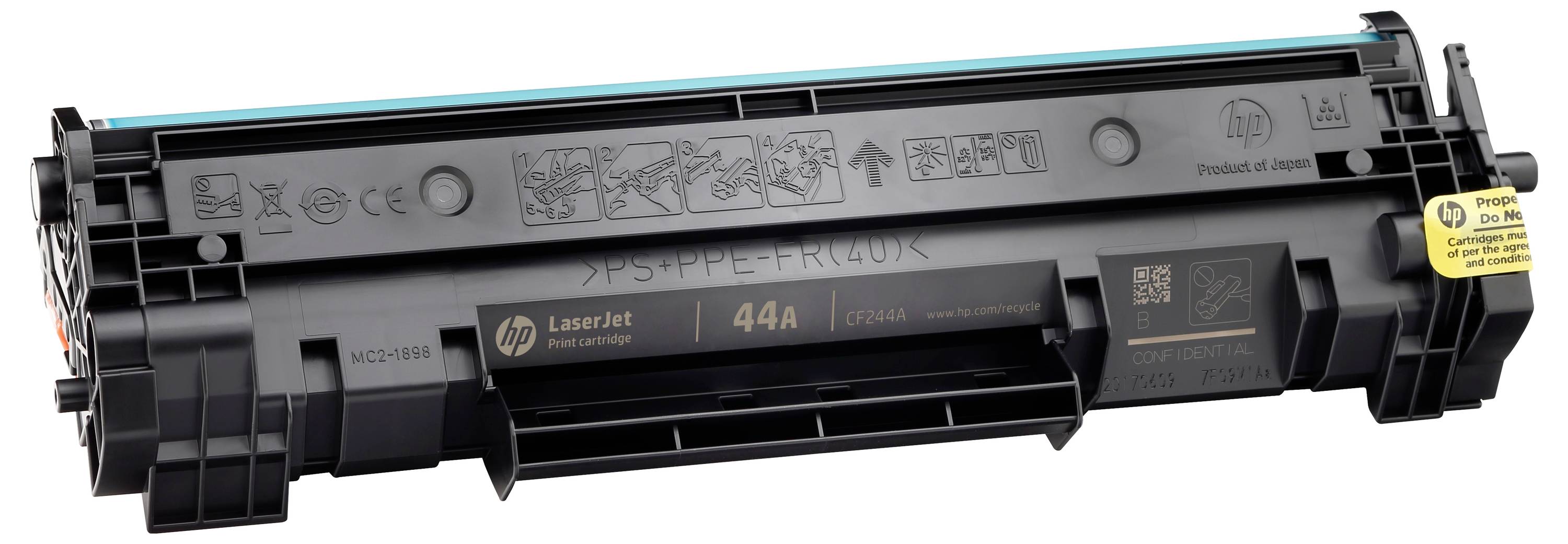 HP LaserJet 44A černá tonerová kazeta zobrazená v obalu produktu s popisky a ikonami manipulace na bílém pozadí