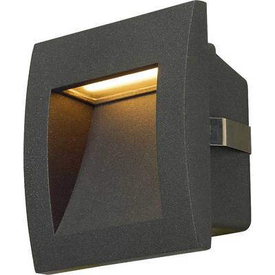 Černé nástěnné svítidlo čtvercového tvaru s teplým bílým LED osvětlením, které svítí směrem dolů. Moderní design vhodný do interiéru i exteriéru.