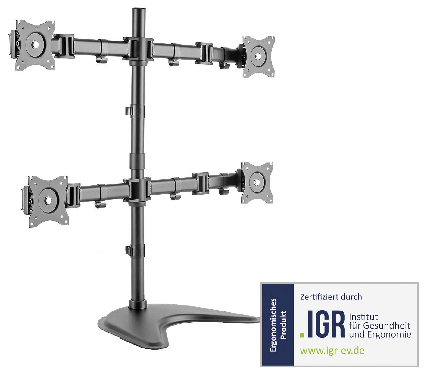 Čtyřnásobný držák monitorů na stabilní podstavě, vhodný pro ergonomická pracoviště. Certifikováno institutem IGR.