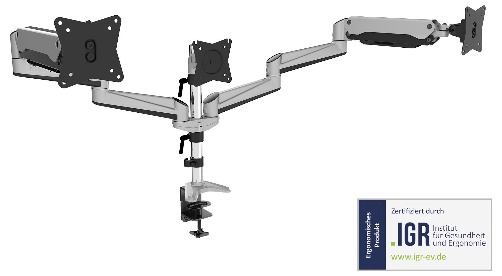 Trojitý držák monitoru s úchytem na stůl, s nastavitelnými rameny a otočnými uchycením, certifikovaný Institutem pro zdraví a ergonomii.