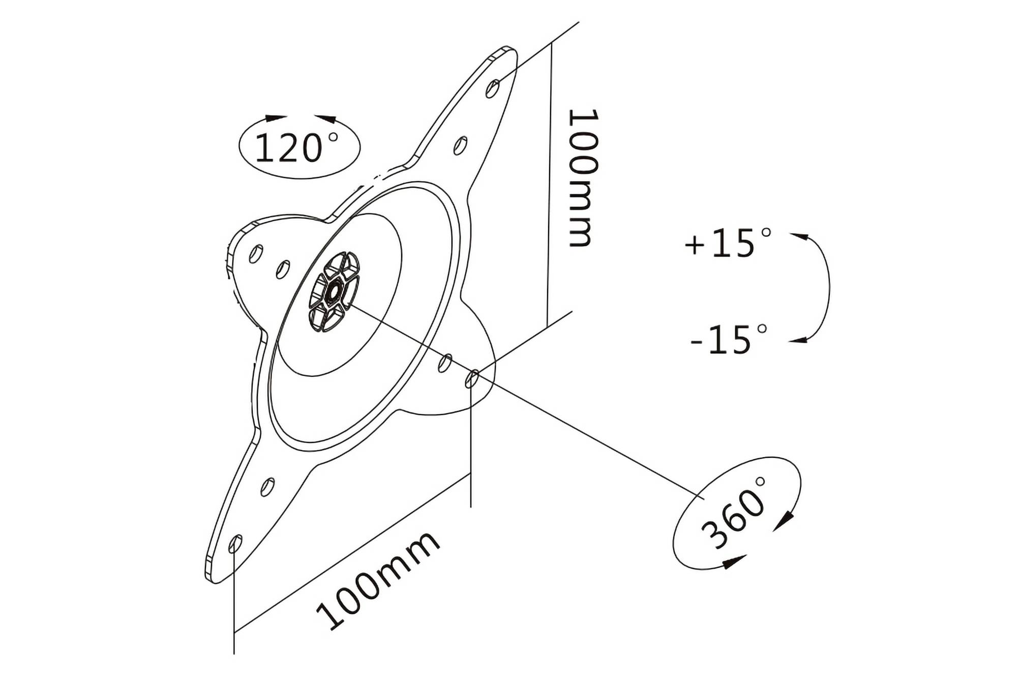 Technický výkres držáku monitoru. Rozměry: 100 mm x 100 mm. Náklon: +15° až -15°. Otočení: 360°. Úhel: 120°.