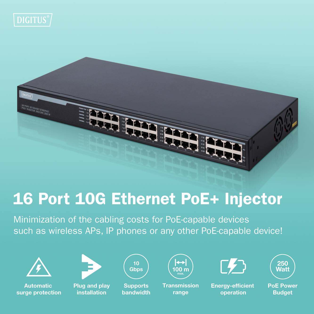 16portový 10G ethernetový PoE+ injektor, který minimalizuje náklady na kabely pro zařízení podporující PoE, jako jsou bezdrátové přístupové body a IP telefony.