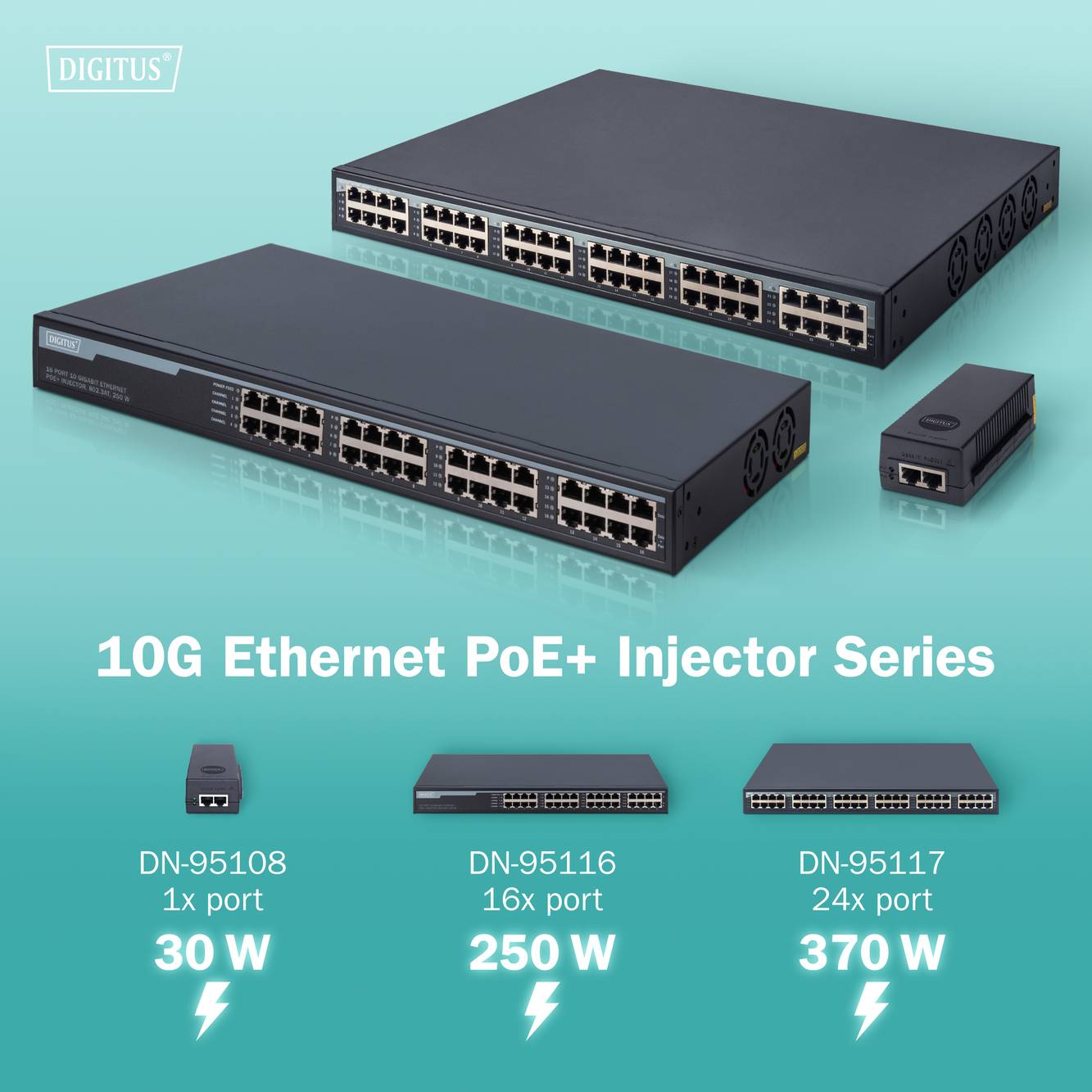 Série 10G Ethernet PoE+ injektor od Digustu. Obrázek ukazuje tři modely: DN-95108 (30W), DN-95116 (250W), DN-95117 (370W).