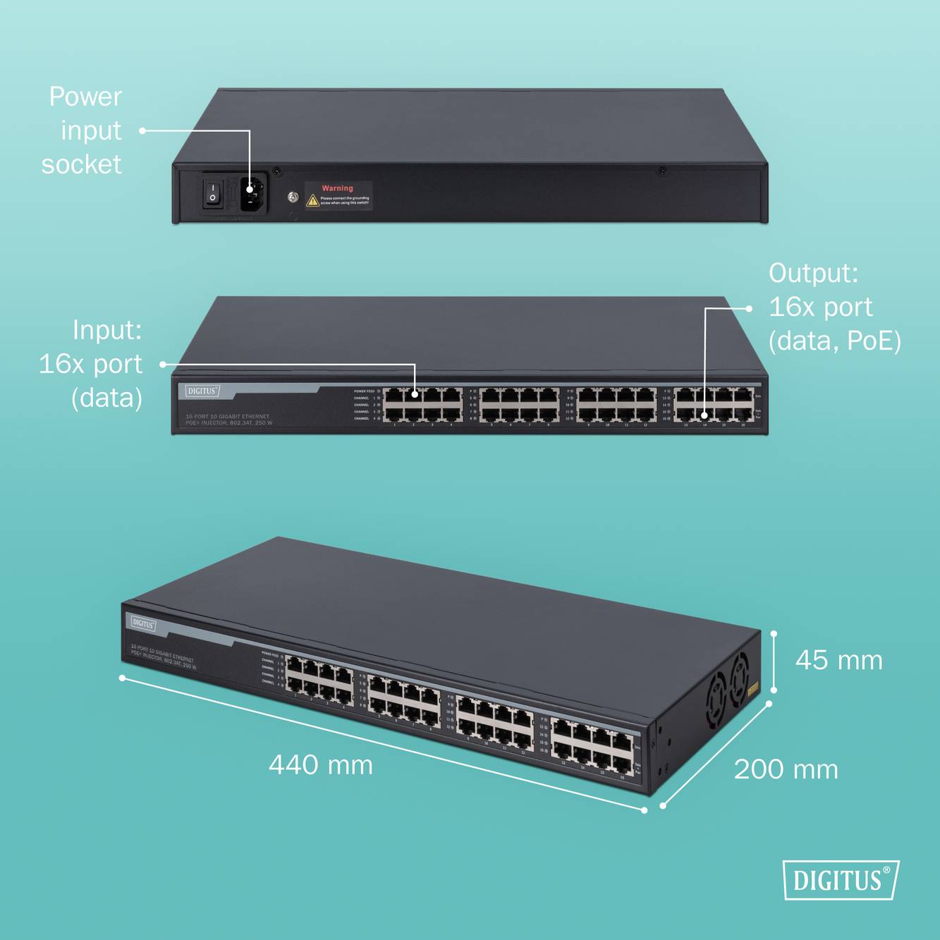 Switche s 16 vstupními a 16 výstupními porty, podporuje data a PoE, rozměry: 440 x 200 x 45 mm, s připojením napájecího zdroje.