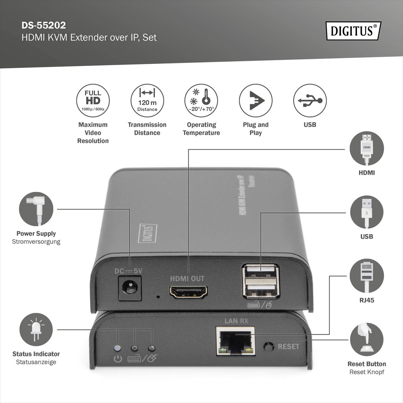 Digitus DS-55202 HDMI™ extender (prodloužení) přes síťový kabel RJ45 120 m-4