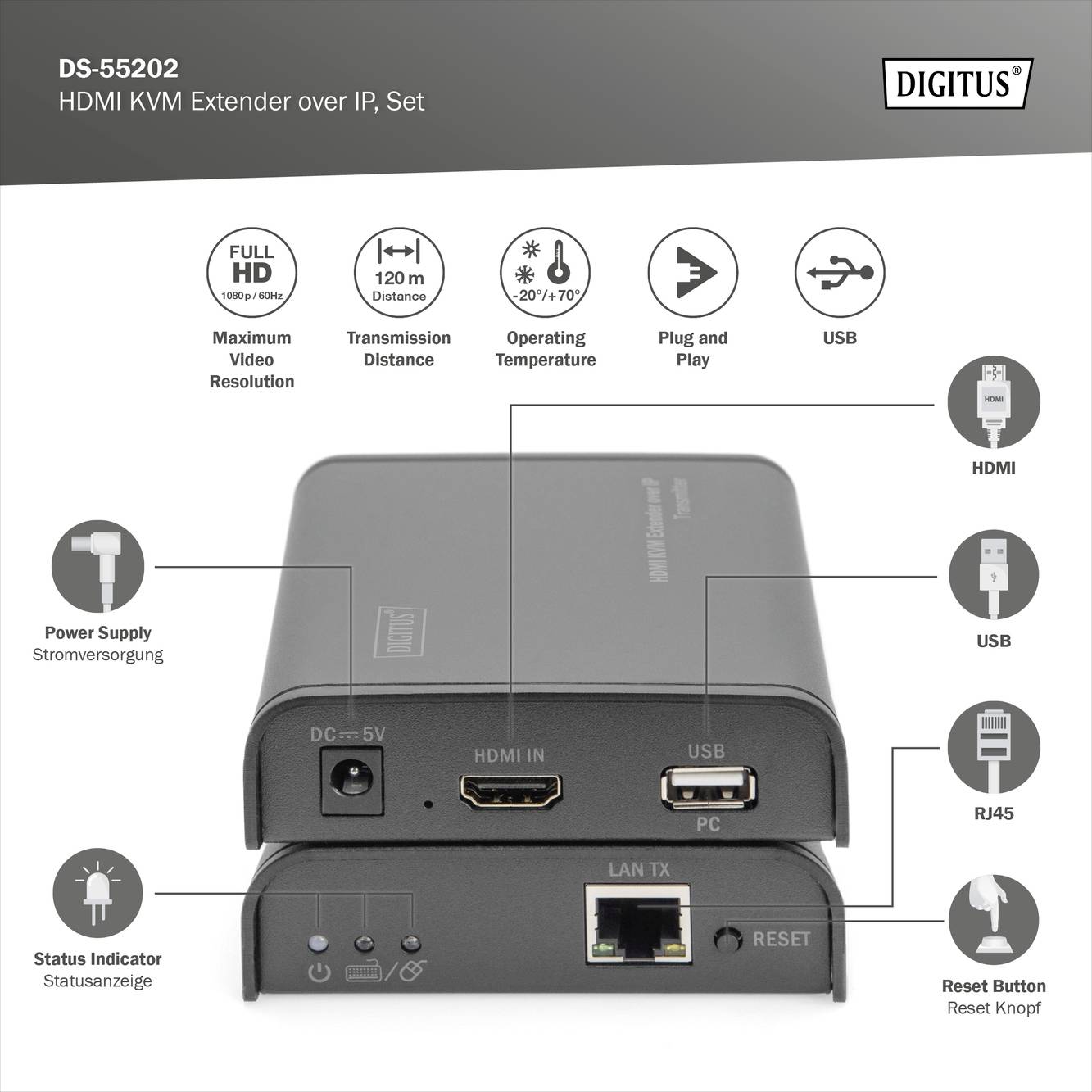 Digitus DS-55202 HDMI™ extender (prodloužení) přes síťový kabel RJ45 120 m-5
