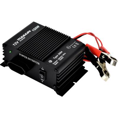 Schwarzer 150W měnič napětí, označený '12V', vybavený červenými a černými svorkami a spínačem, slouží k přeměně stejnosměrného proudu na střídavý.