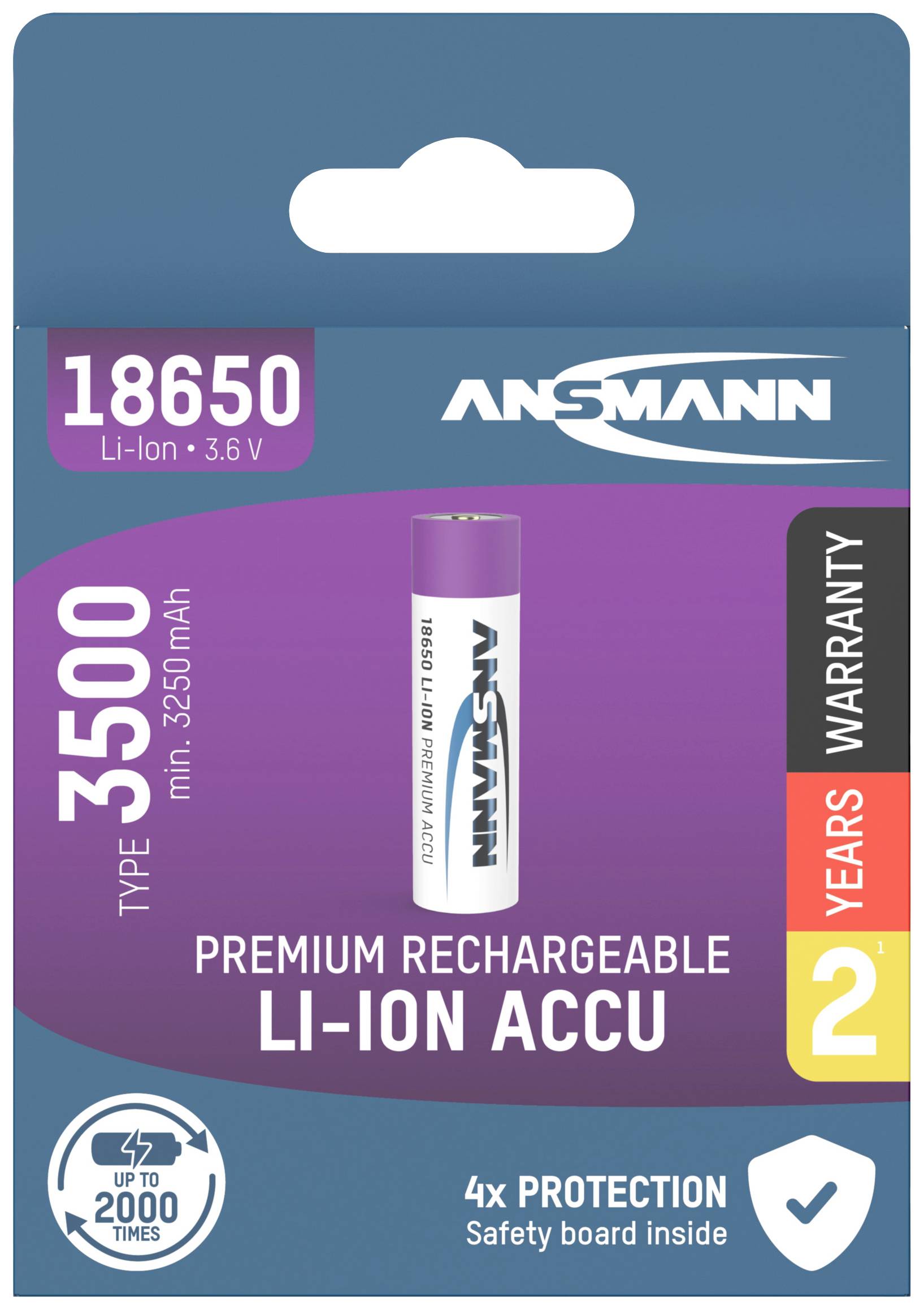 Lithium-iontový akumulátor v balení značky 'ANSBACH', typ 18650, 3,6 V, 3500 mAh. Na obalu je uvedeno '2 roky záruky' a 'až 2000 nabíjecích cyklů'.