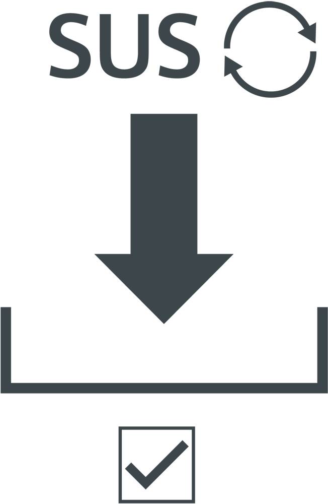 Symbol 'SUS' s recyklačními šipkami, pod ním velká šipka směřující dolů, s fajfkou v políčku v dolní části.