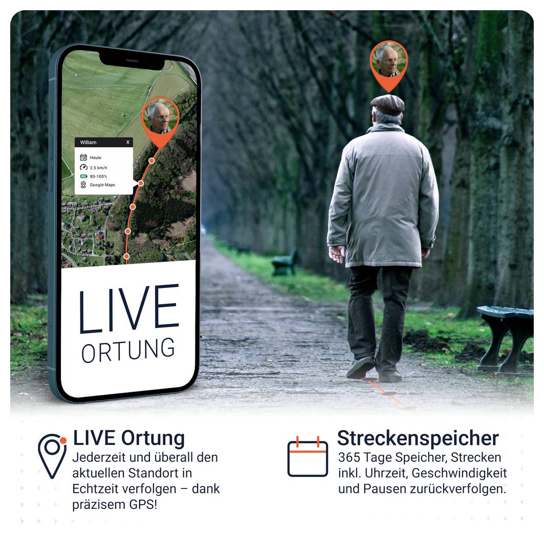 Reklama na „LIVE Sledování" a „Ukládání trasy": Smartphone zobrazuje GPS-polohu osoby, vedle ní jde muž v parku; dole text o sledování v reálném čase a 365denním záznamu.