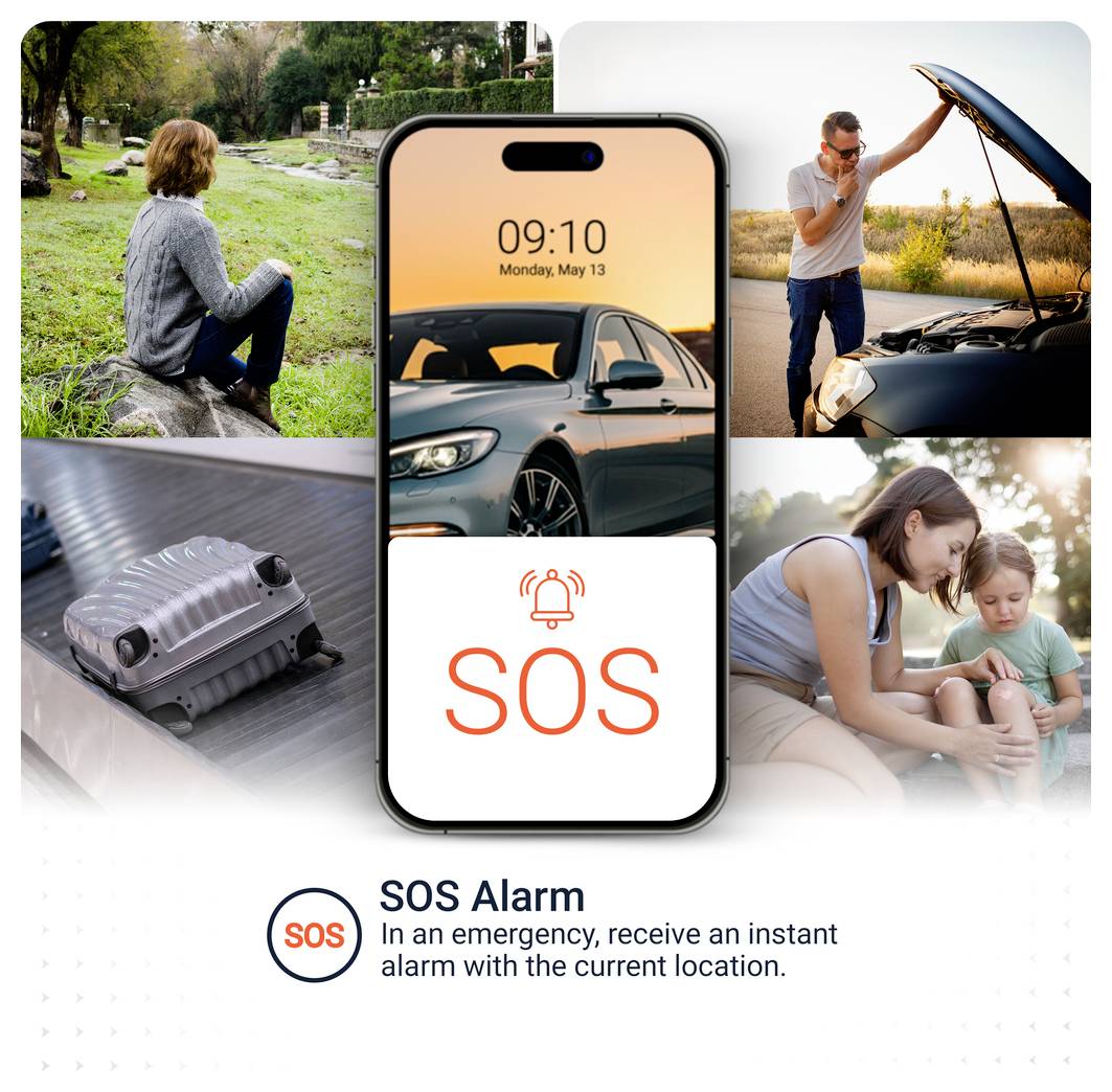 Reklamní grafika pro funkci SOS-Alarmu: Smartphone s „SOS" a polohou obklopený scénami nouze; text: „SOS-Alarm – Získejte v případě nouze přímé oznámení s vaší aktuální polohou."