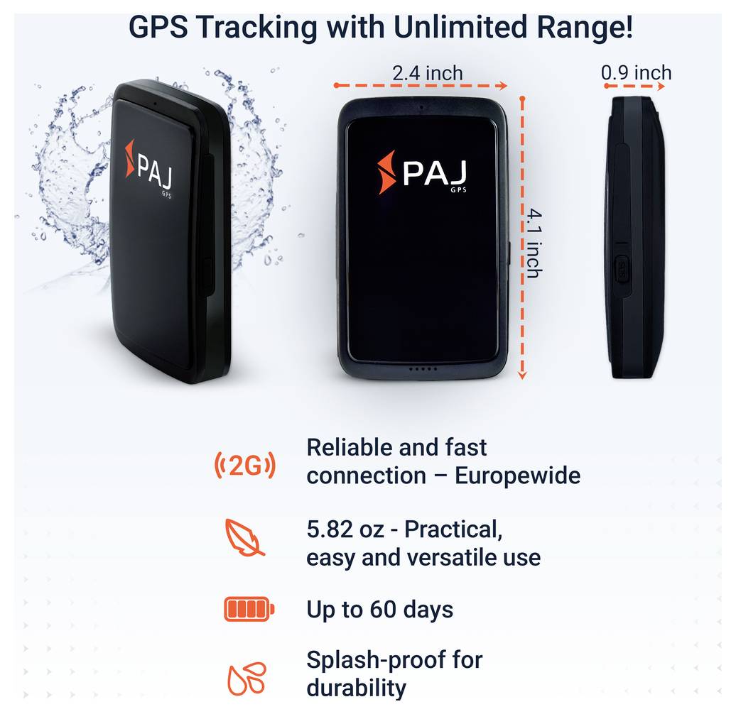Reklamní grafika PAJ GPS trackeru se třemi pohledy a rozměry 63 mm, 106 mm a 23 mm; propaguje neomezenou dosáhnutelnost, 2G, 165 g, až 60 dní a ochranu před postřikem vody.