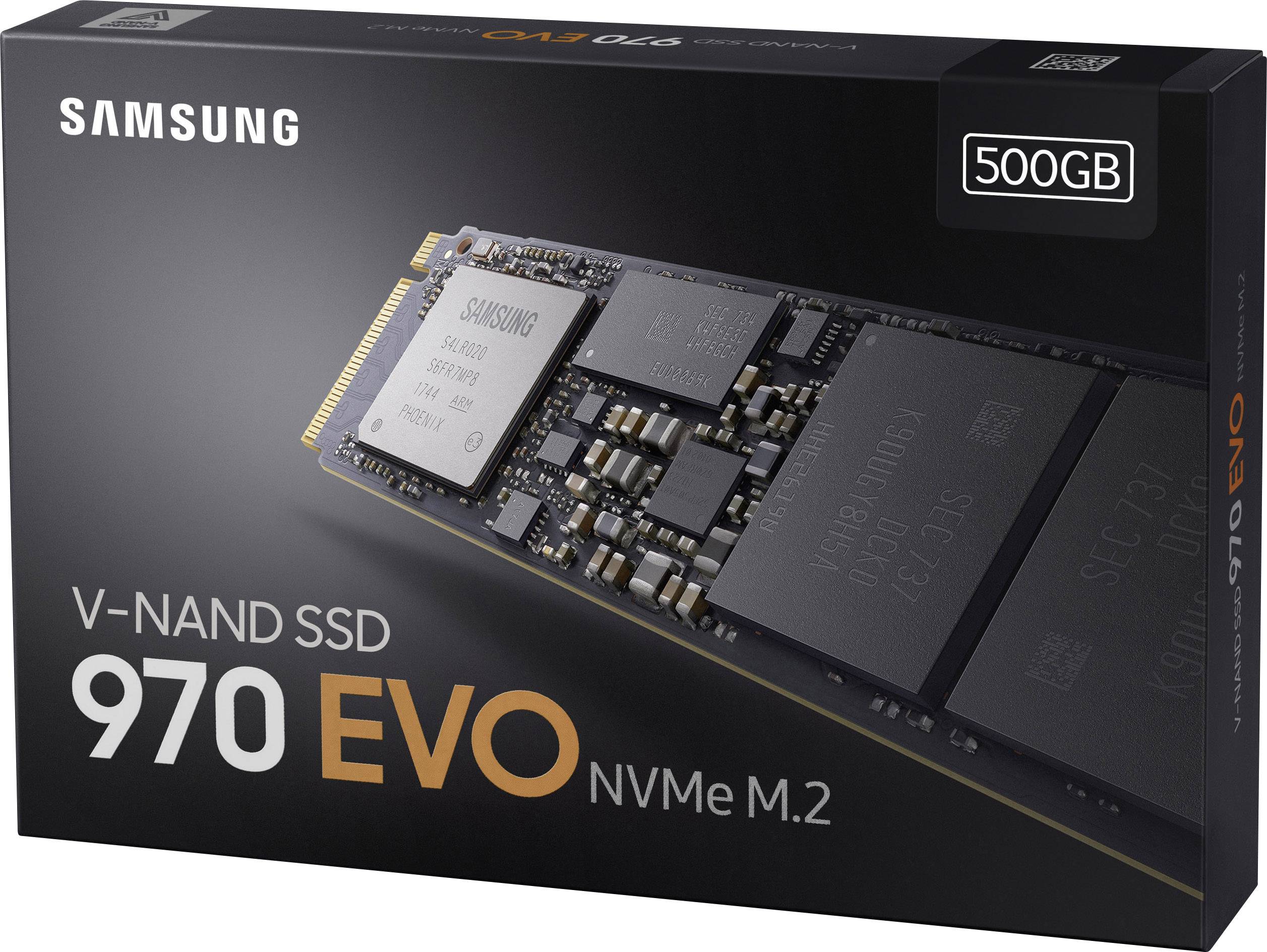 Obal Samsung 970 EVO NVMe M.2 V-NAND SSD 500GB zobrazuje obrázek produktu spolu s technickými informacemi.