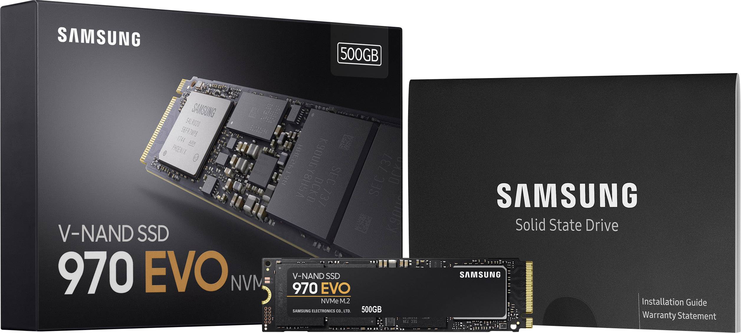 Samsung 970 EVO NVMe SSD, 500GB. Obal obsahuje obrázek produktu a detaily kapacity. Součástí balení je instalační návod.