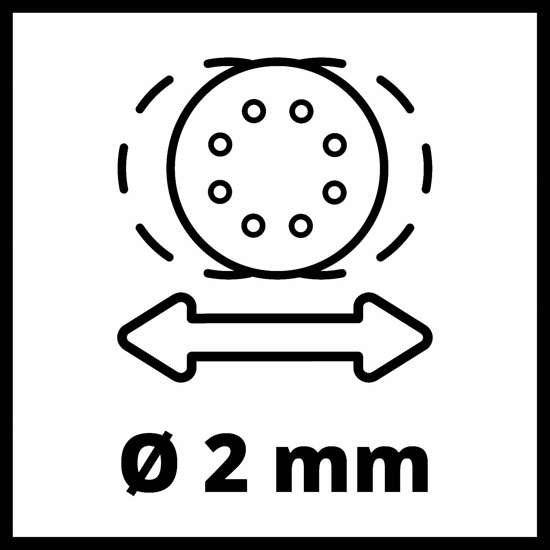 Symbol zobrazuje kruh s prohlubněmi a dvojitou šipkou pod ním. Pod tím je napsáno 'Ø 2 mm', což udává průměr.