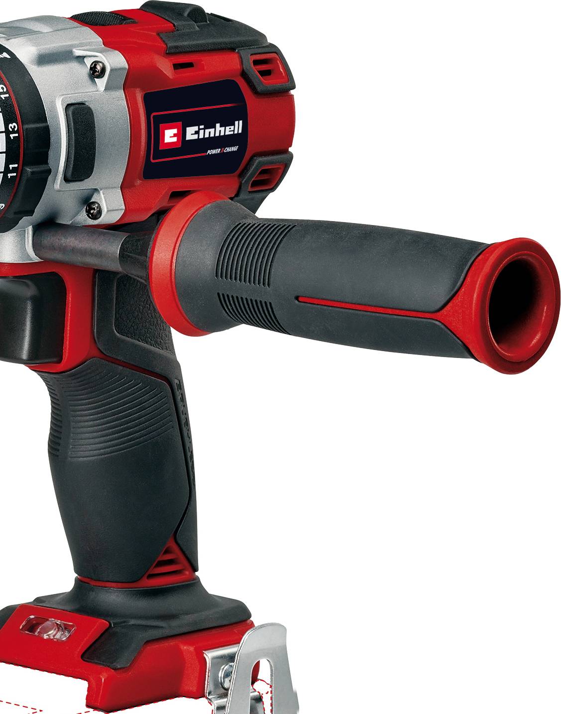 Bezdrátová vrtačka, černočervené barvy, s ergonomickou rukojetí a držákem umístěným po straně, vhodná pro domácí kutilské projekty.