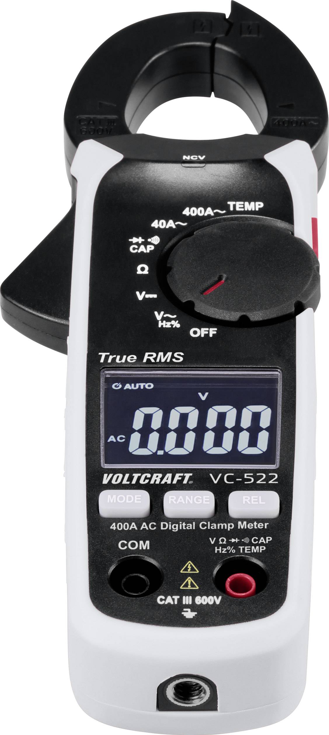 Digitální klešťový multimetr Volcraft VC-522 s LCD displejem, různými módy a nastavovacími možnostmi, vhodný pro elektrická měření.