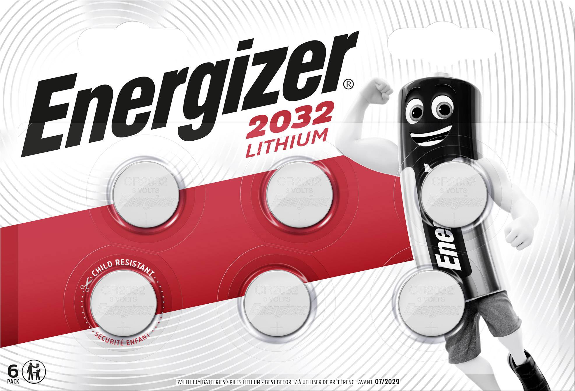 Balení šesti lithiových knoflíkových baterií značky Energizer, typ 2032. Na obalu je zobrazen animovaný charakter.