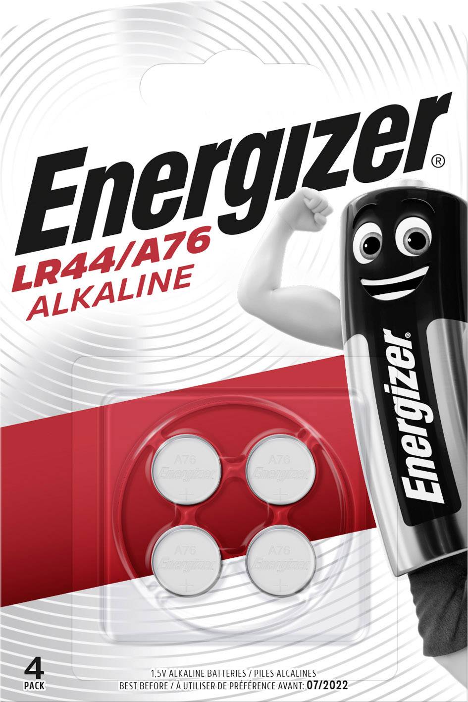 Balení alkalických knoflíkových baterií Energizer LR44/A76, 4 kusy.