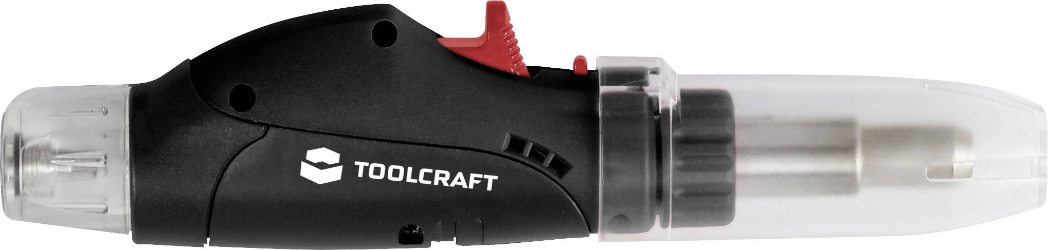 Elektrický pájecí hořák značky TOOLCRAFT s černou rukojetí a červeným vypínačem. Průhledný kryt odhaluje vnitřní mechanismy.