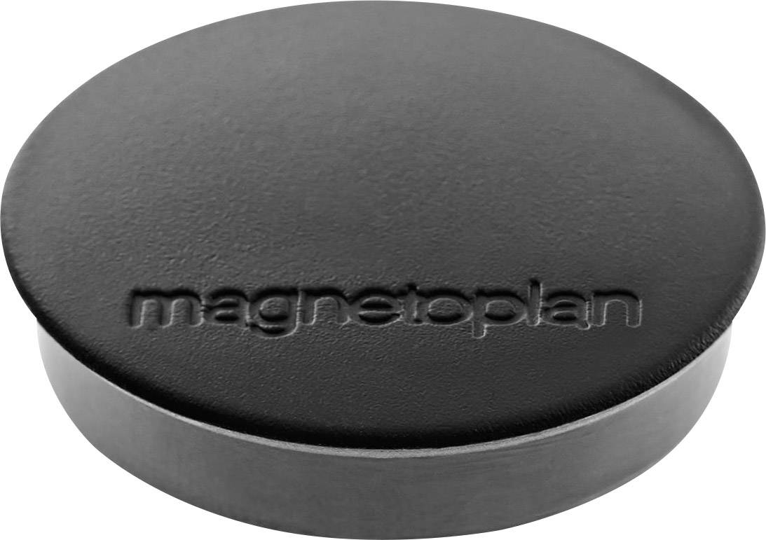 Kulatý magnet v černé barvě s razítkem 'magnetoplan' na povrchu. Ideální k upevnění dokumentů.
