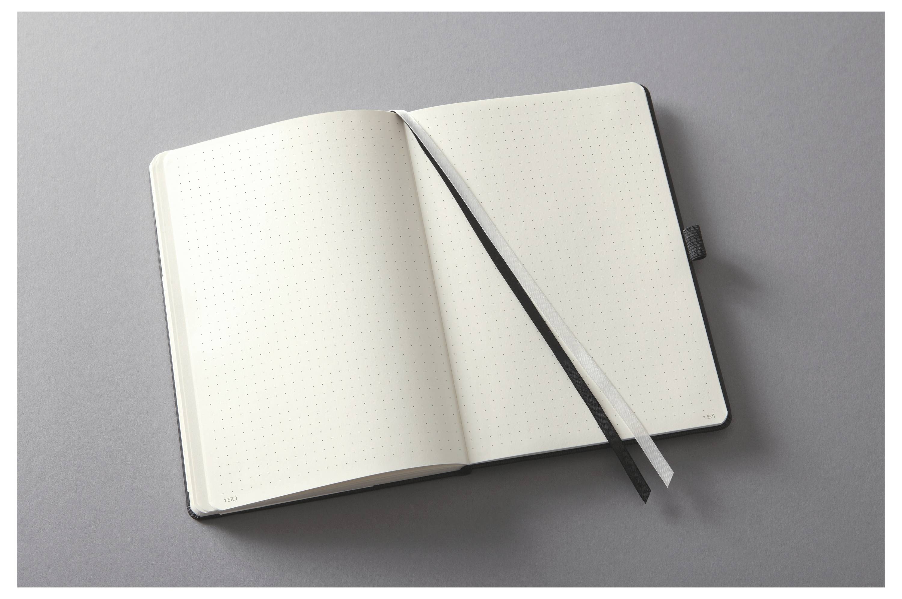 Otevřený prázdný notebook se stužkou záložky na šedém pozadí.