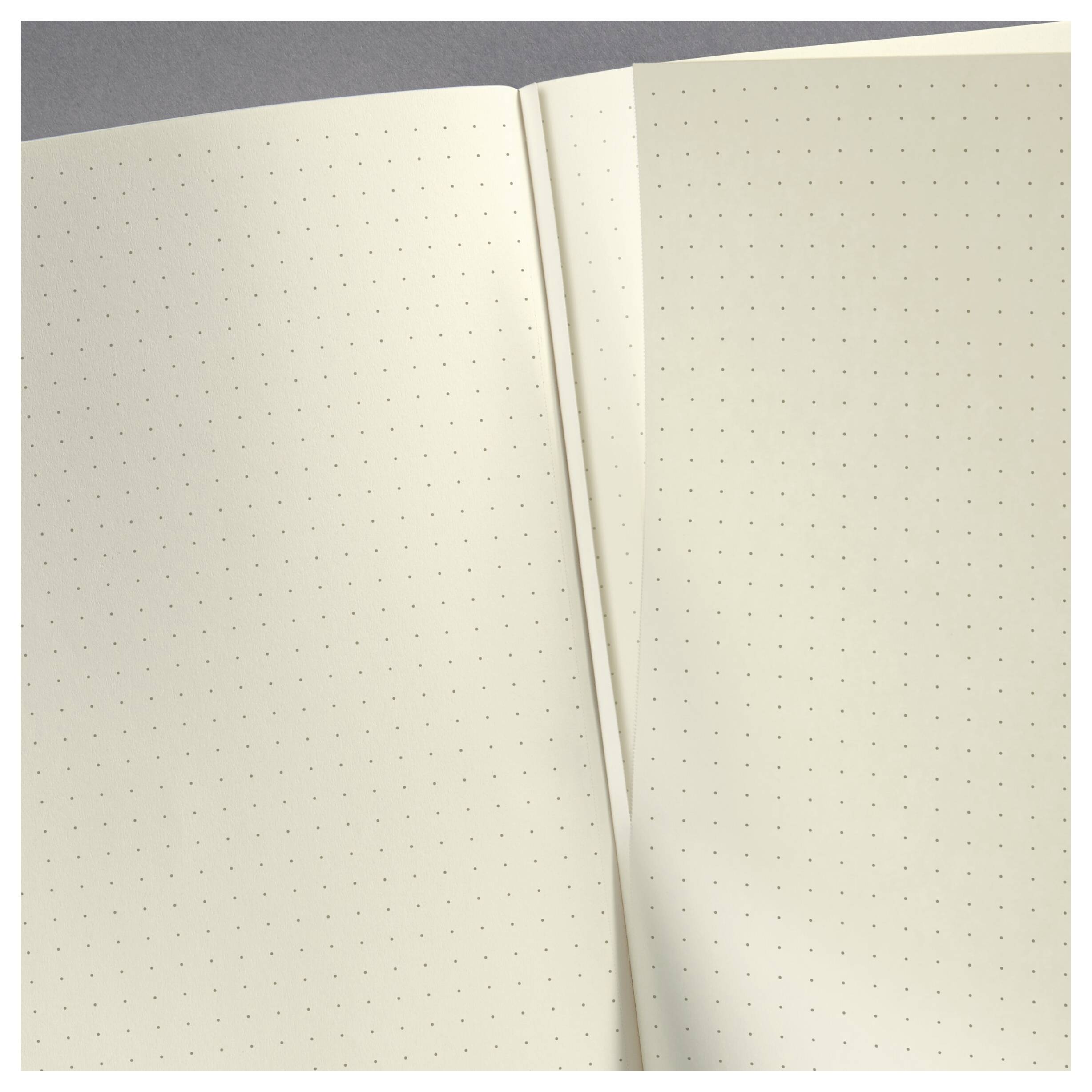 Otevřený prázdný notebook s tečkami rozložený se dvěma krémovými stránkami a středovým ohybem.