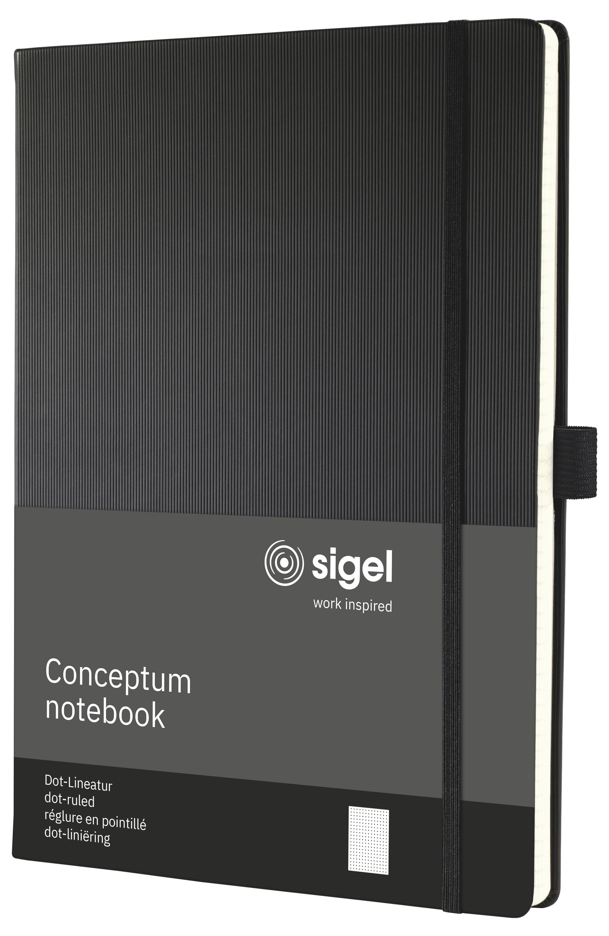 Černý notebook Sigel Conceptum s elastickým uzávěrem, zobrazený zavřený na bílém pozadí.
