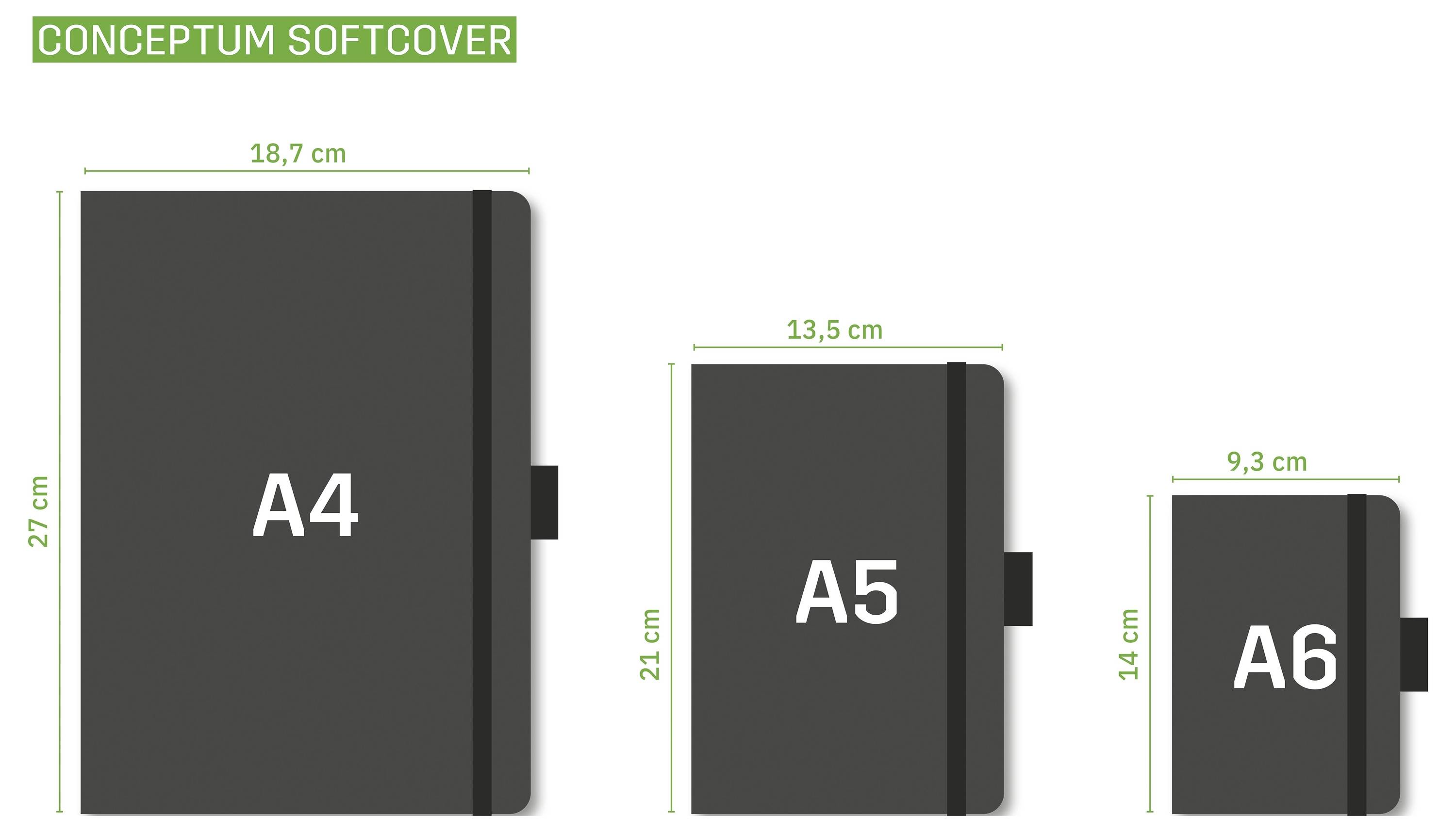 Diagram porovnávající velikosti notebooku Conceptum Softcover A4, A5 a A6 s rozměry v cm: 18,7 x 27, 13,5 x 21 a 9,3 x 14.