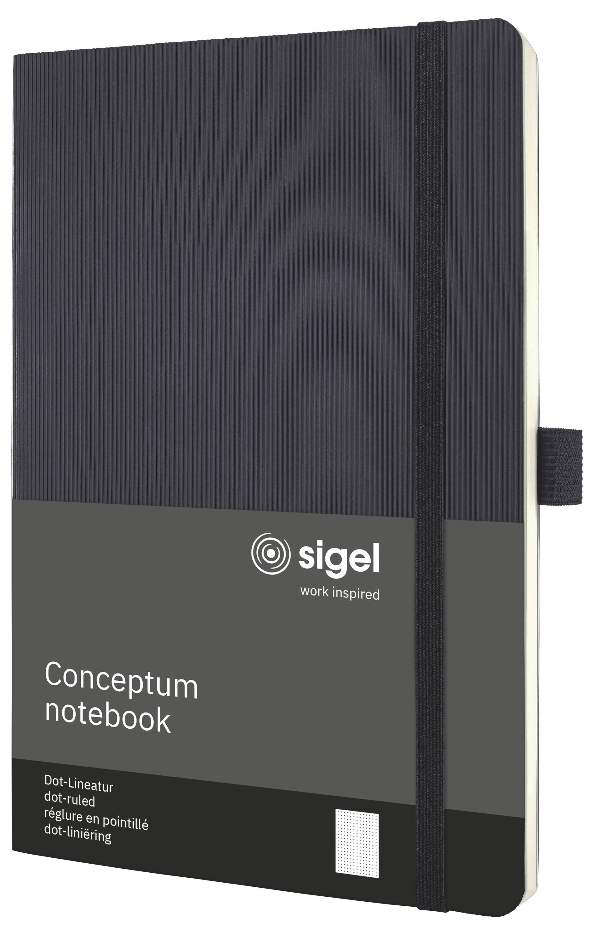 Černý notebook Sigel Conceptum s elastickým uzavíráním a liniovaným obalem, zobrazený zepředu s branding 'work inspired'.