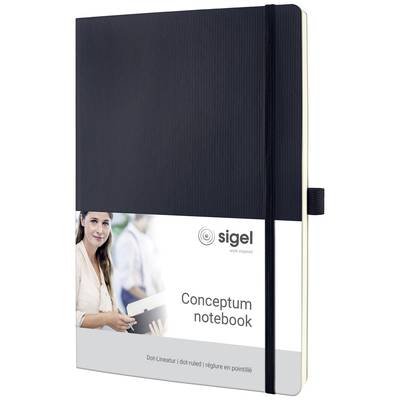 Černý poznámkový sešit 'Conceptum' od značky Sigel, s elastickou zavírací gumkou a poutkem na pero. Na obalu je vyobrazena žena.