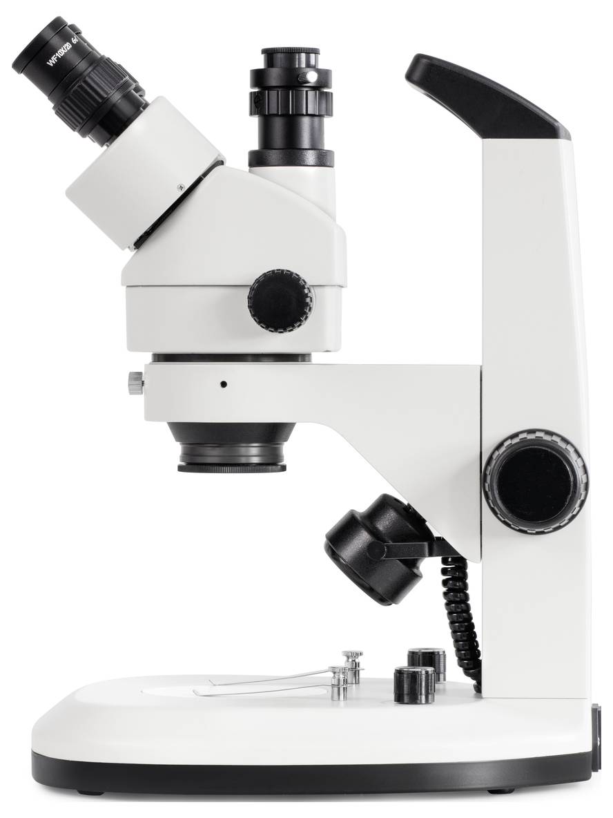 Bílý laboratorní mikroskop umístěný na stole, vybavený dvěma okuláry a několika nastavovacími knoflíky, umožňuje pozorování malých objektů.