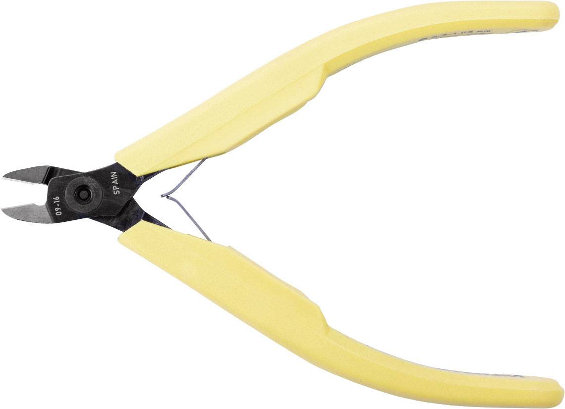 Žlutá štípací kleště s černou řeznou plochou na bílém pozadí. Používané pro stříhání tenkých drátů.