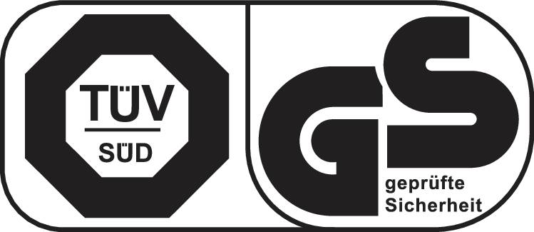 Logo společnosti TÜV SÜD vedle certifikační pečeti „GS - ověřená bezpečnost", která představuje ověřené bezpečnostní standardy pro produkty.