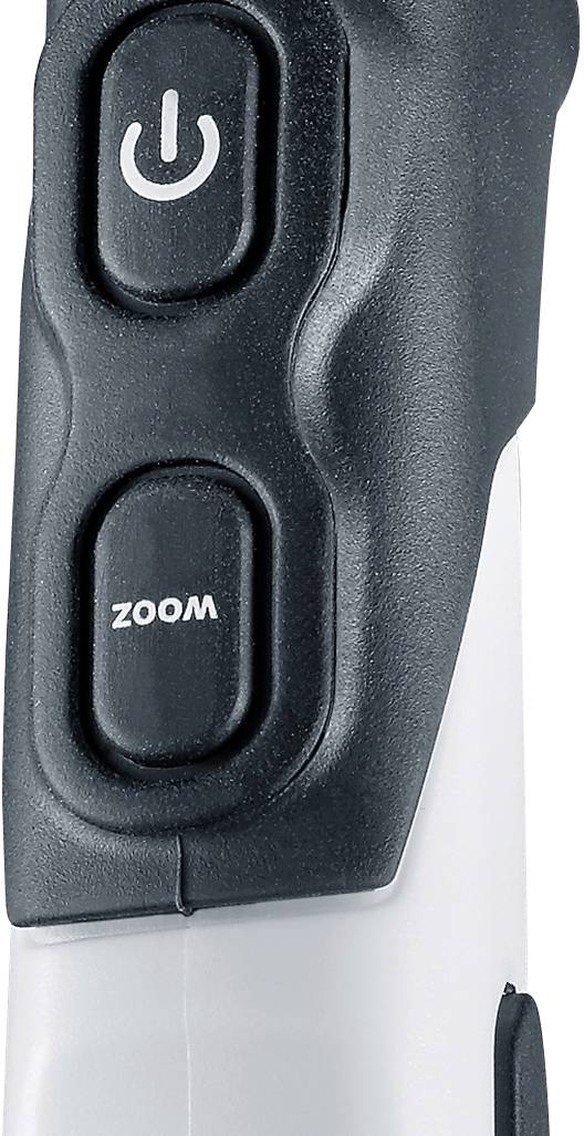 Detailní záběr zařízení se dvěma tlačítky: Zapnuto/Vypnuto a 'ZOOM', obě v černé barvě na světlém pozadí.
