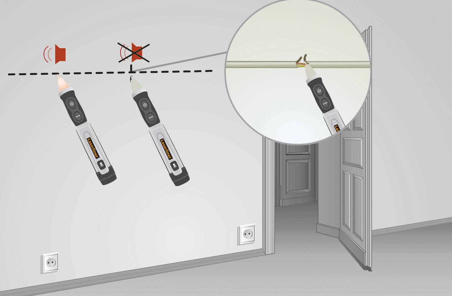 Zkoušečka napětí indikuje, zda je elektrický kabel pod napětím. Vlevo: Signál aktivní se zvukem. Vpravo: Žádný signál, zvuk vypnut.