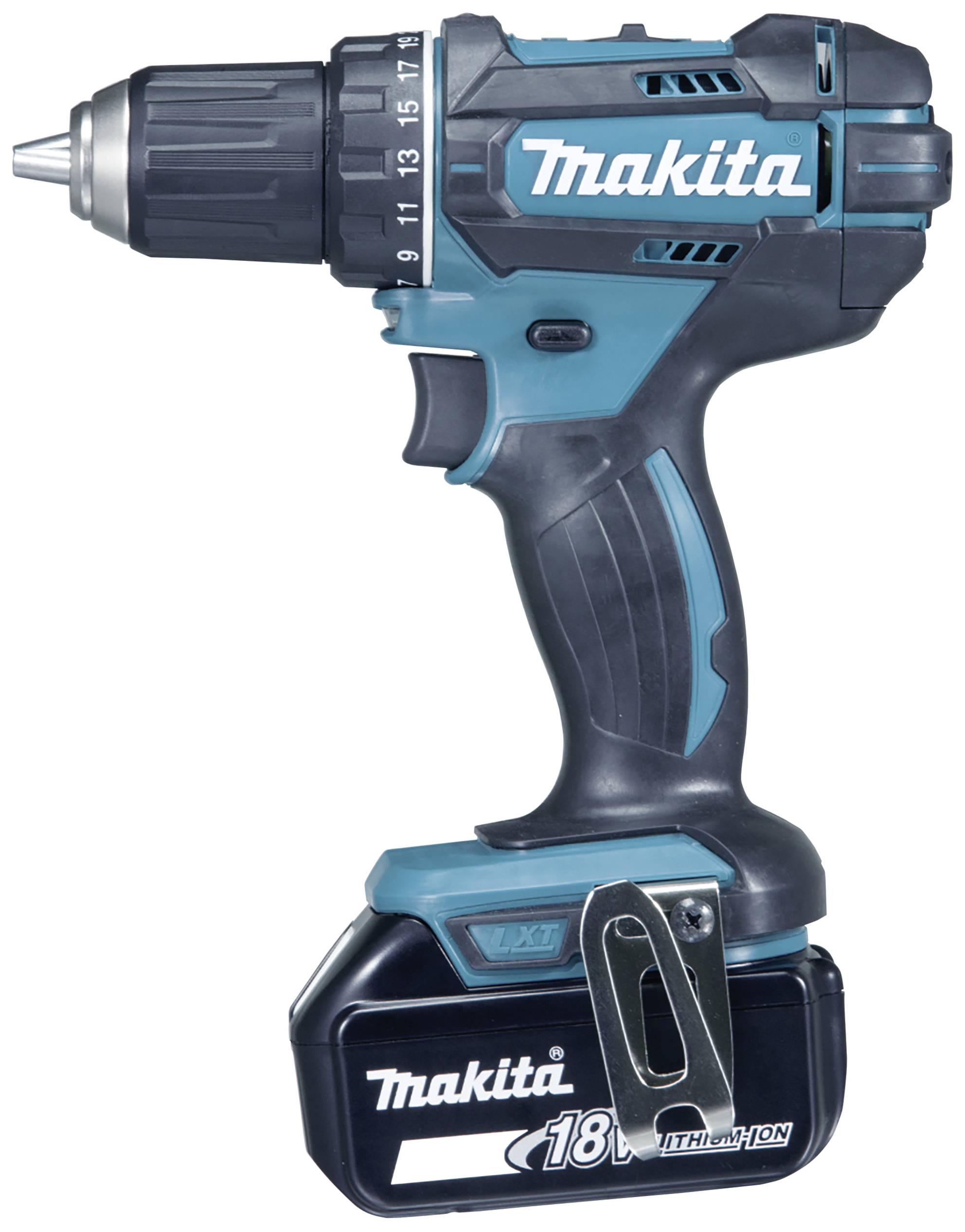 Bezdrátový šroubovací vrtací šroubovák Makita s 18V lithium-iontovou baterií, v černém a modrém provedení, vhodný pro domácí i profesionální použití.